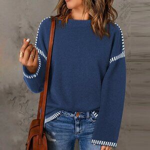 Dokotoo Blue Contrast Stitch Knit Sweater | Medium | NWT